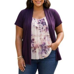Cardigan Attached Top Size Large Layered Purple Floral Ruffle Sleeveless Womens